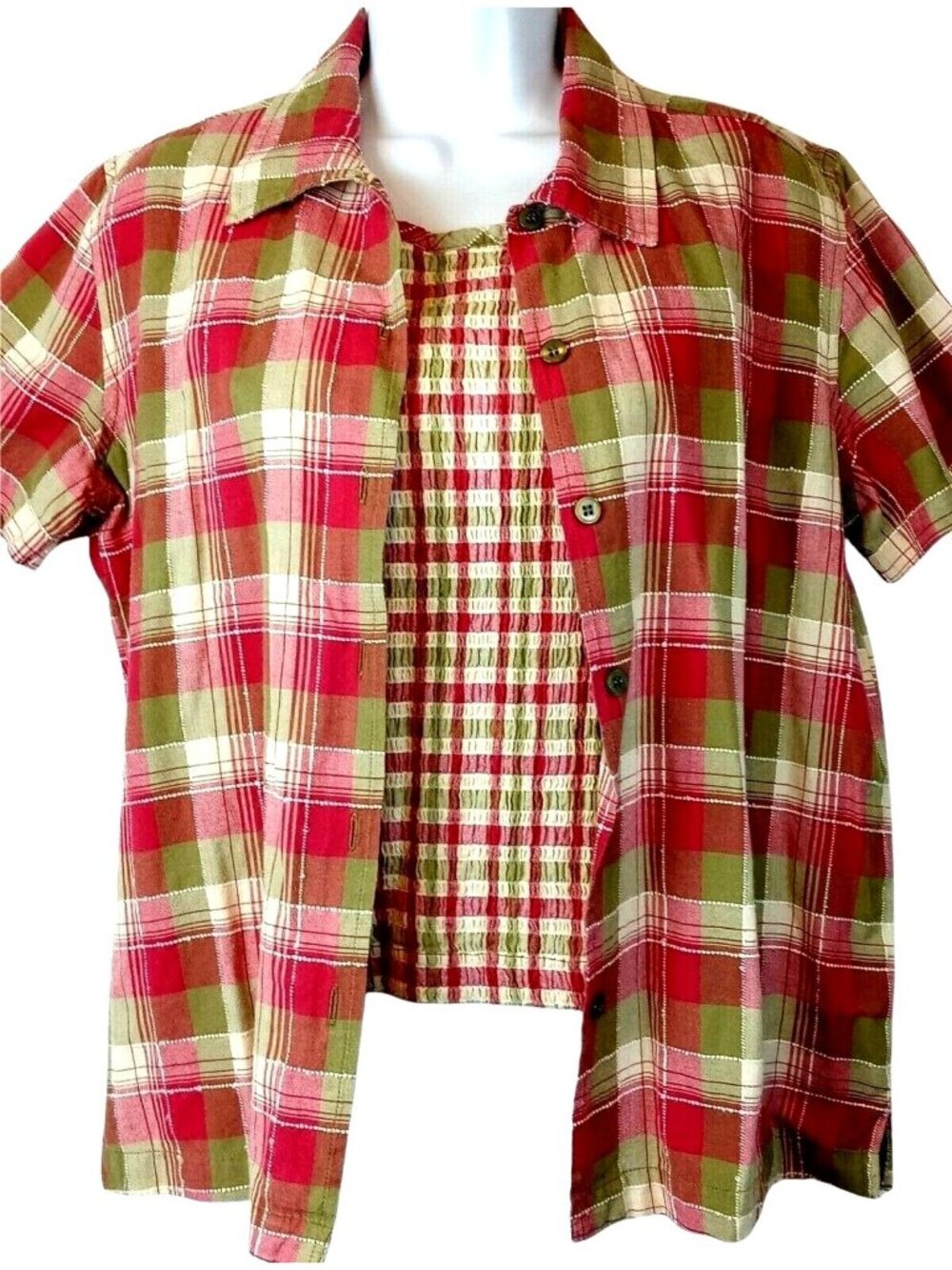 Summer Coastal Pink Plaid Tank Top Shirt Set Small Multicolor Resort Cotton